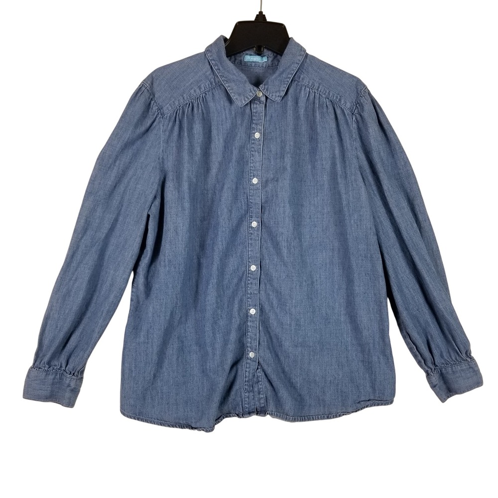 J.McLaughlin Button Down Shirt Womens XL Blue Lyocell Linen Blend Shirred Denim
